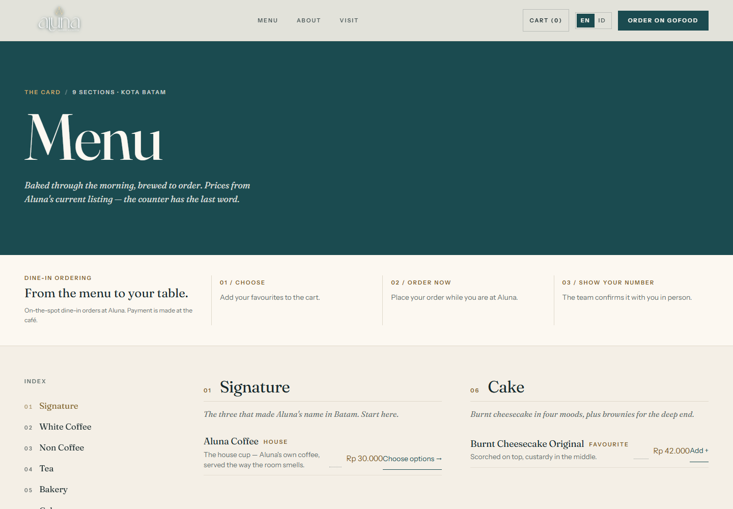 Menu page screenshot of Aluna Bake & Brew